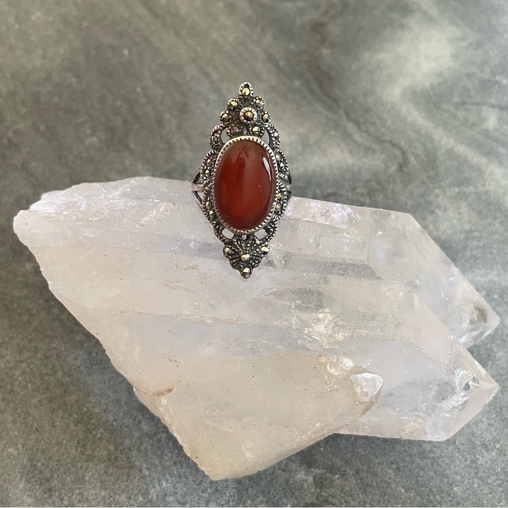 SOLD Carnelian Marcasite Sterling Ring 5.5 - Picture 3 of 9